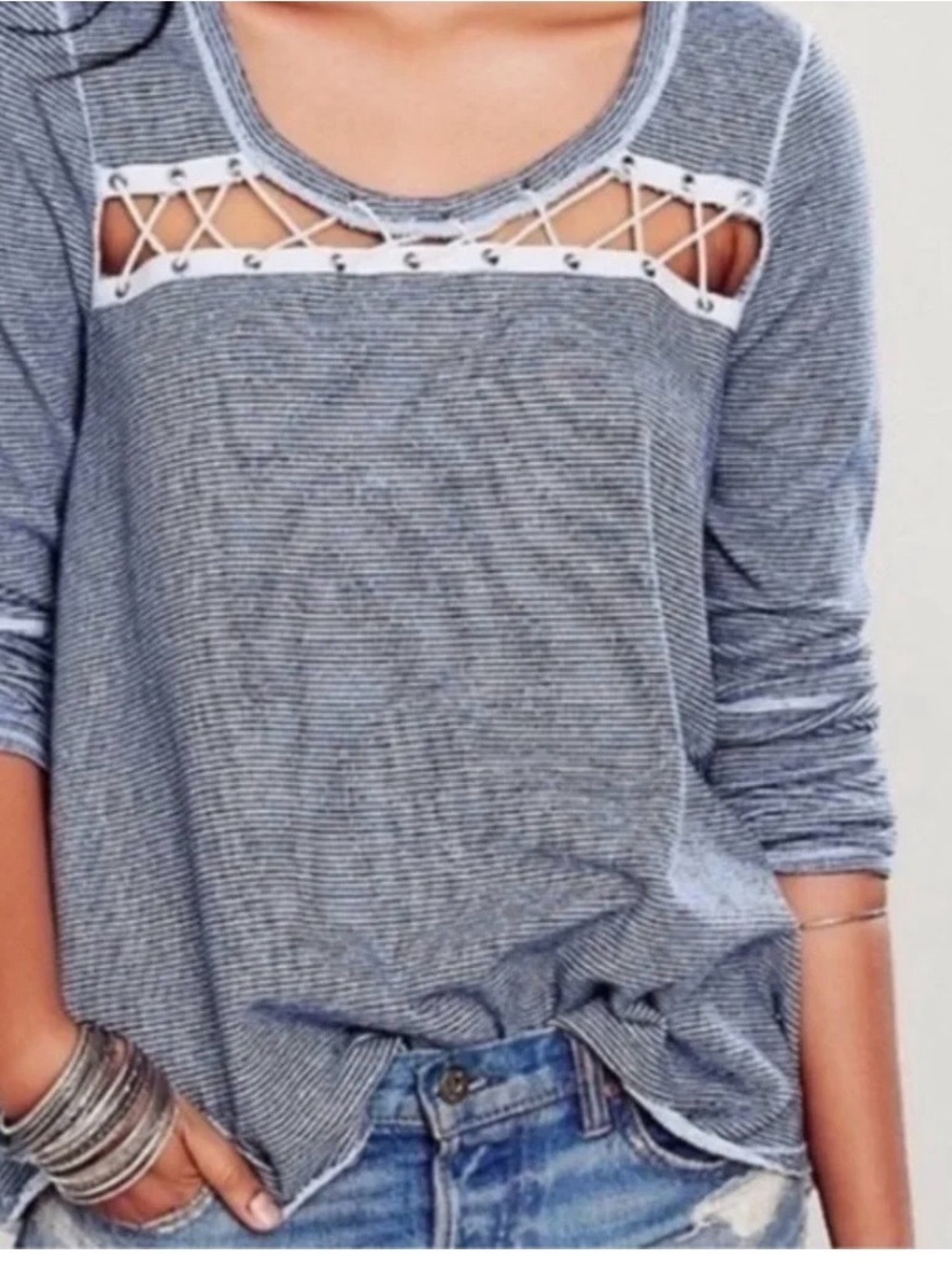 Free People “Lacey Love” Navy & Gray Lattice Detail Sweatshirt size S